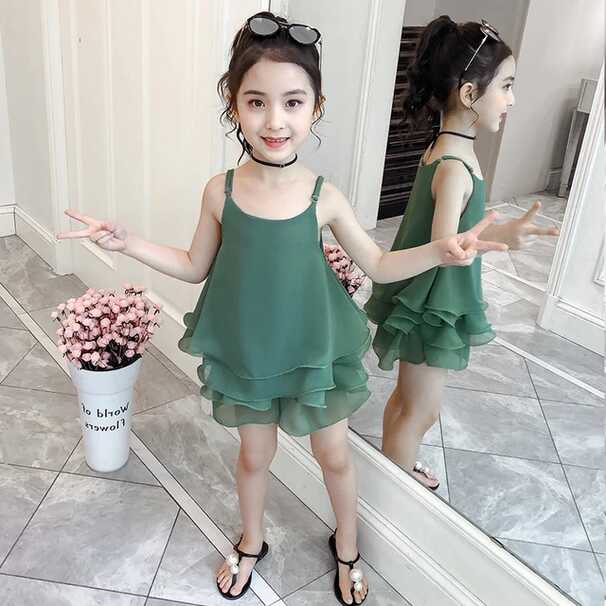 Girls Summer Clothes Chiffon Outfits Baby Kids Girls Strap Tops + ...