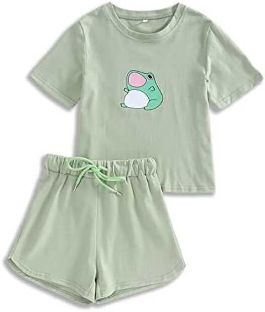 Girls Summer Cute Kawaii Frog Shirt Drawstring Shorts Set Sport T ...