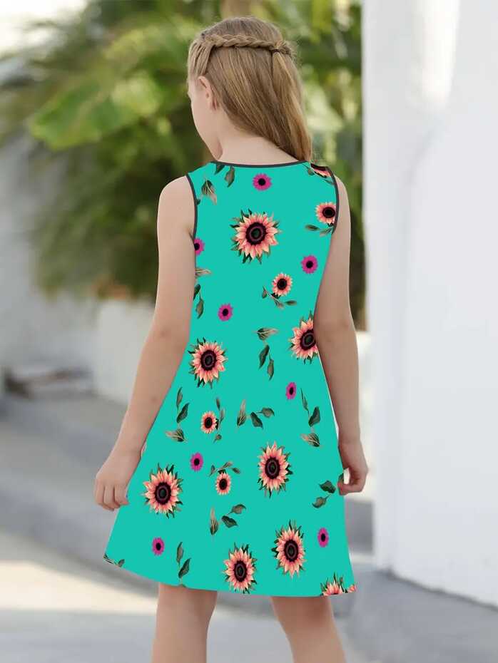 Girls Sunflower Print Sleeveless Dress Loose Fit Comfortable ...