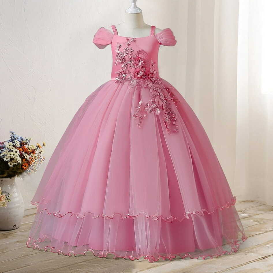 Girls Wedding Party Dress Embroidered Flower Short Sleeves ...