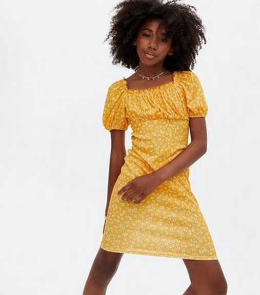 Girls Yellow Ditsy Floral Ruched Mini Dress | New Look