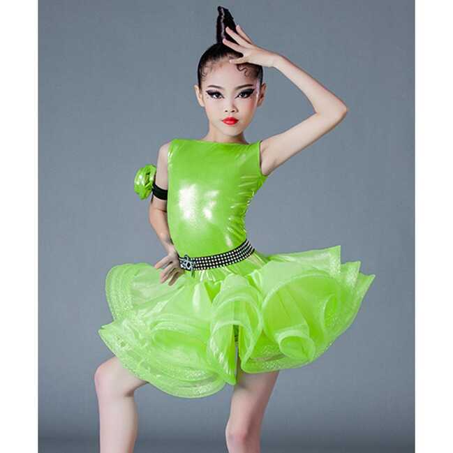 Girls kids Orange neon green Latin dance dresses Children modern ...