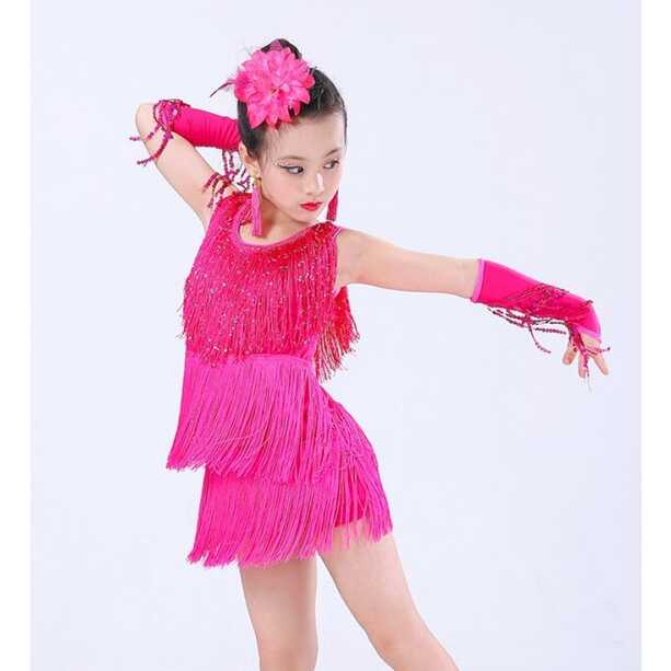 Girls latin dress for kids children neon green pink black fringes ...