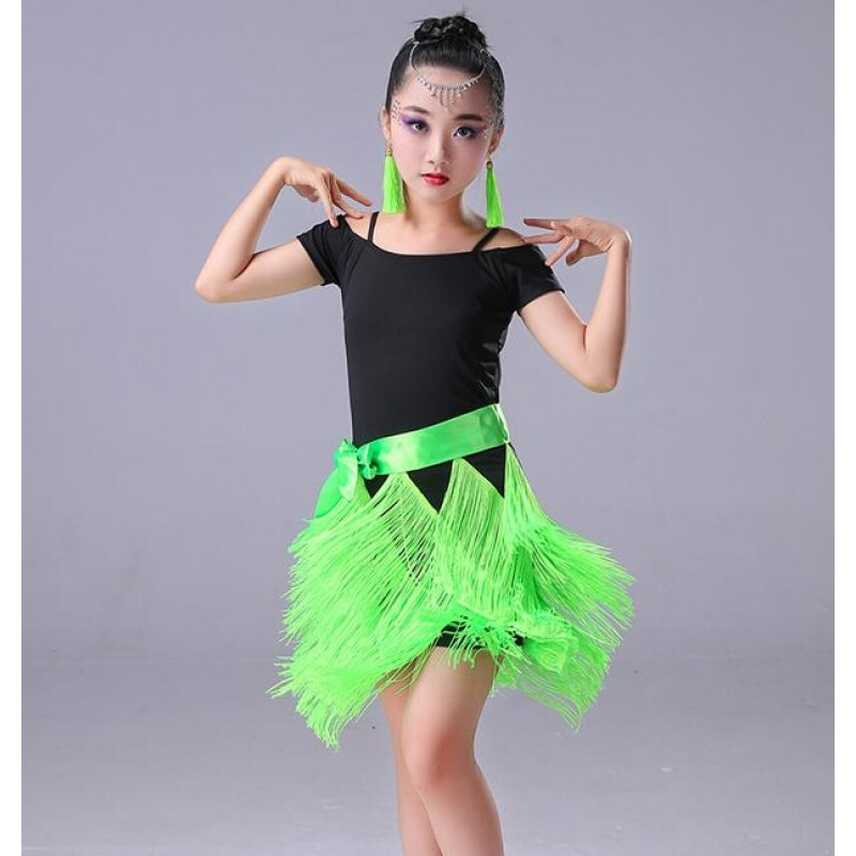 Girls latin dresses for kids children neon green red tassels ...