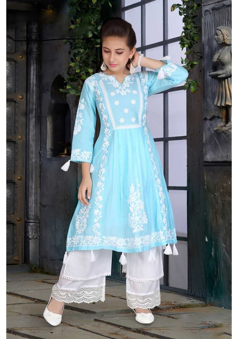 Girls lucknowee style cotton kurti and pant set -blue