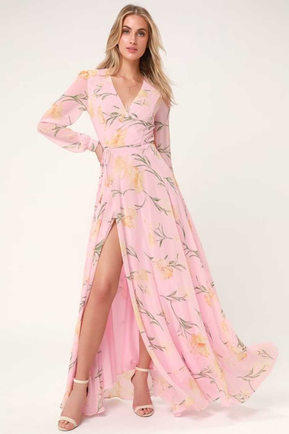 Glam Blush Pink Dress - Floral Print Maxi Dress - Wrap Dress - Lulus