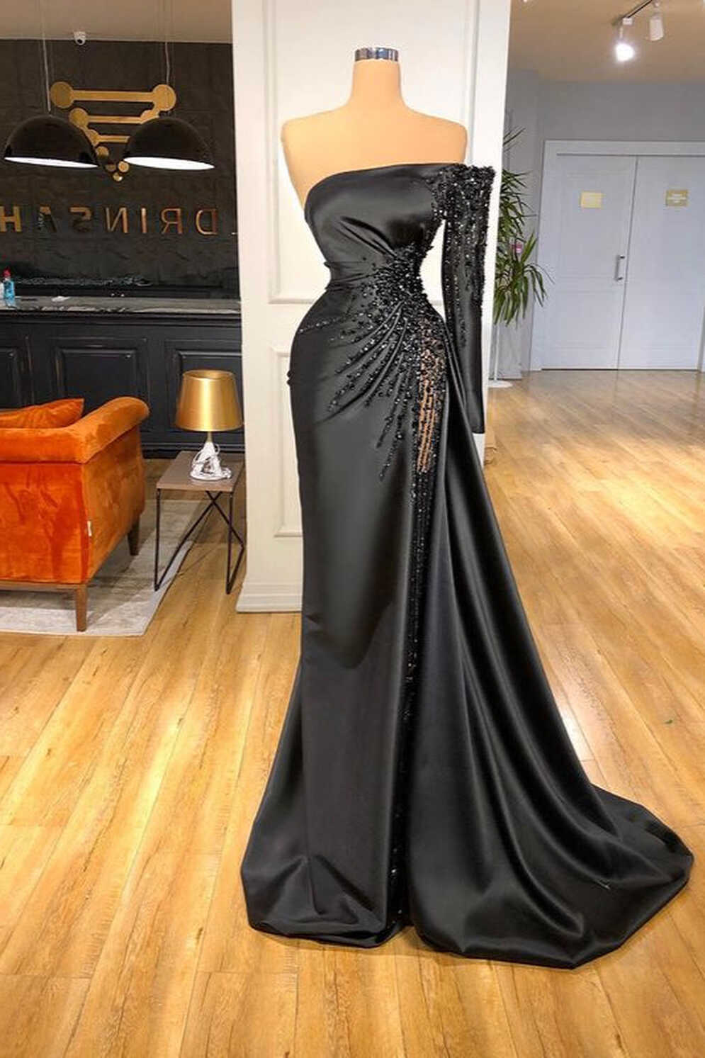 Glamorous Black Long Sleeve One Shoulder Prom Dress Beadings ...