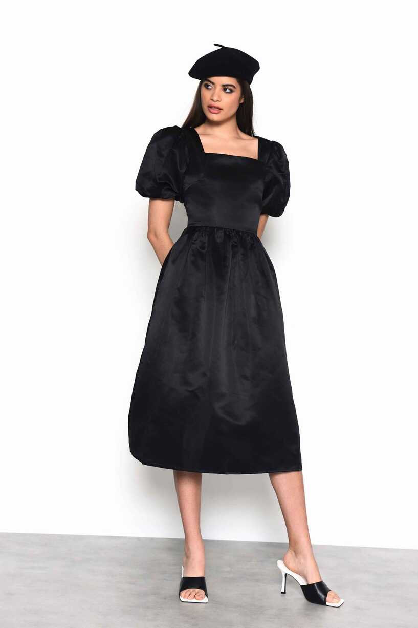 Glamorous Black Satin Puff Sleeve Square Neck Midi Dress - Glamorous