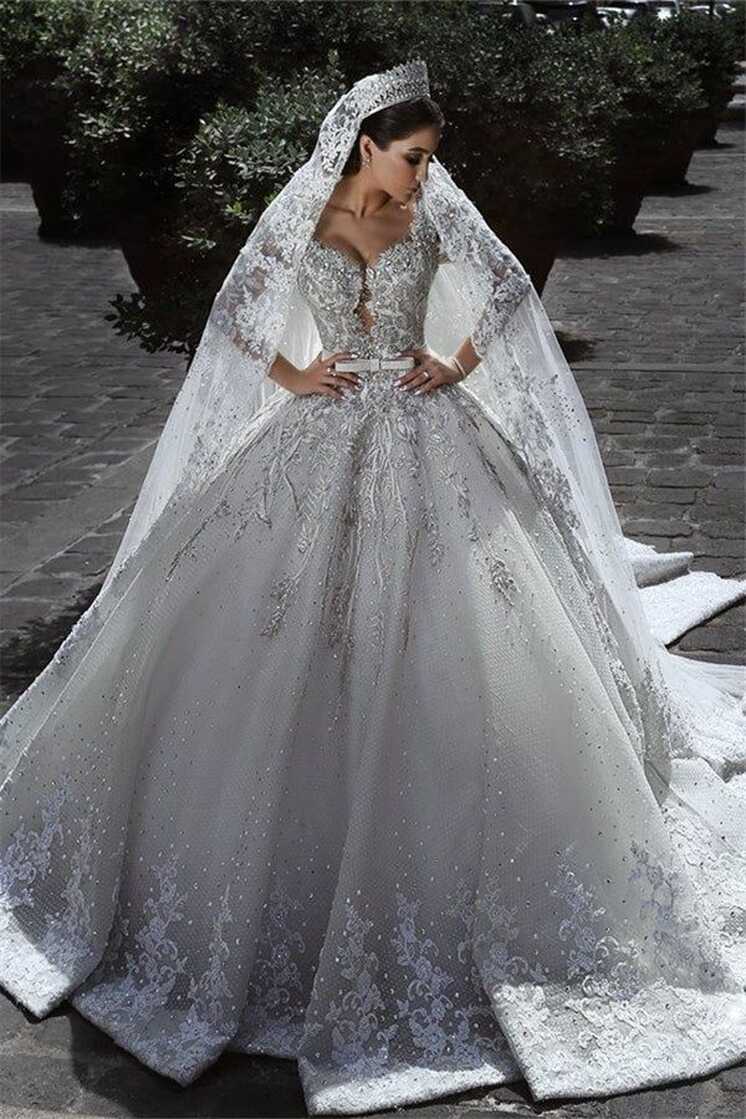 Glamorous Long Sleevess Tulle Appliques Wedding Dresses Crystal ...