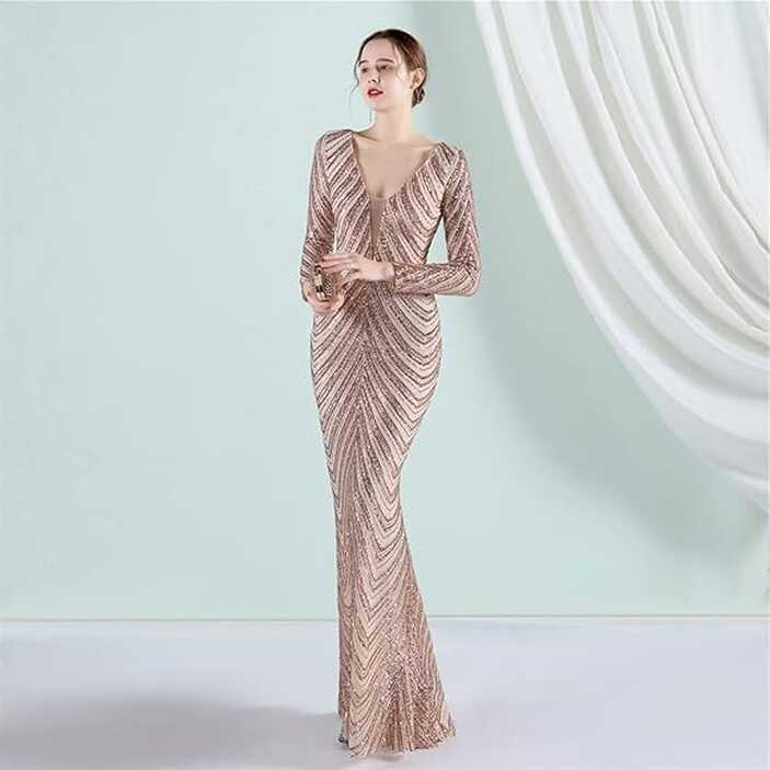 Glamorous Maxi Dress for Women V-Neck Evening Dresses Long Sleeve ...