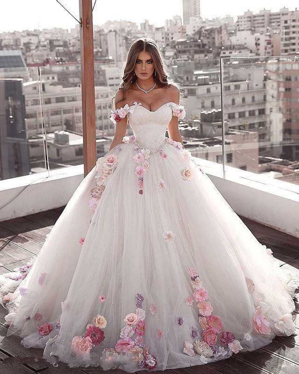 Glamorous Off Shoulder Tulle Princess Ball Weeding Dress Flowers ...