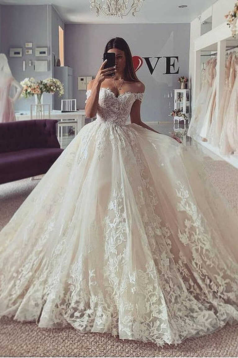 Glamorous Off-the-Shoulder Ball Gown Princess Wedding Dress Lace ...