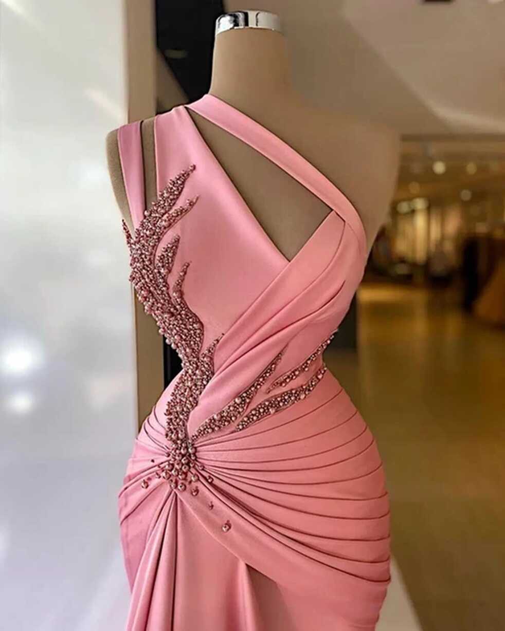 Glamorous Pink One Shoulder Evening Dresses Pleats Sleeveless Prom ...