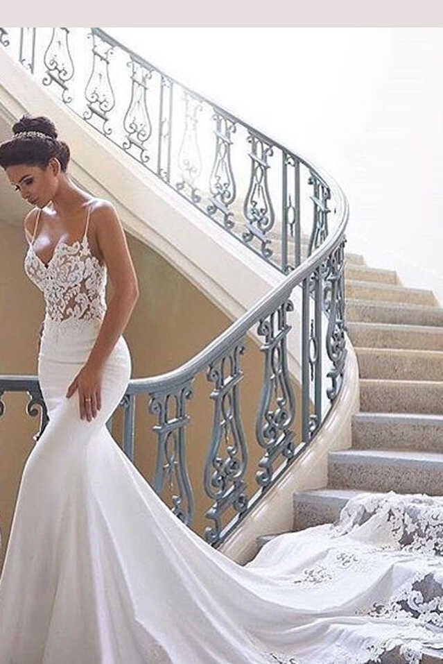 Glamorous Spaghetti-Straps Lace Wedding Dress Mermaid Bridal Gowns ...