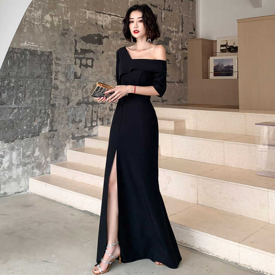 Glary Star Black Evening Dress Temperament Long Waist High Open ...