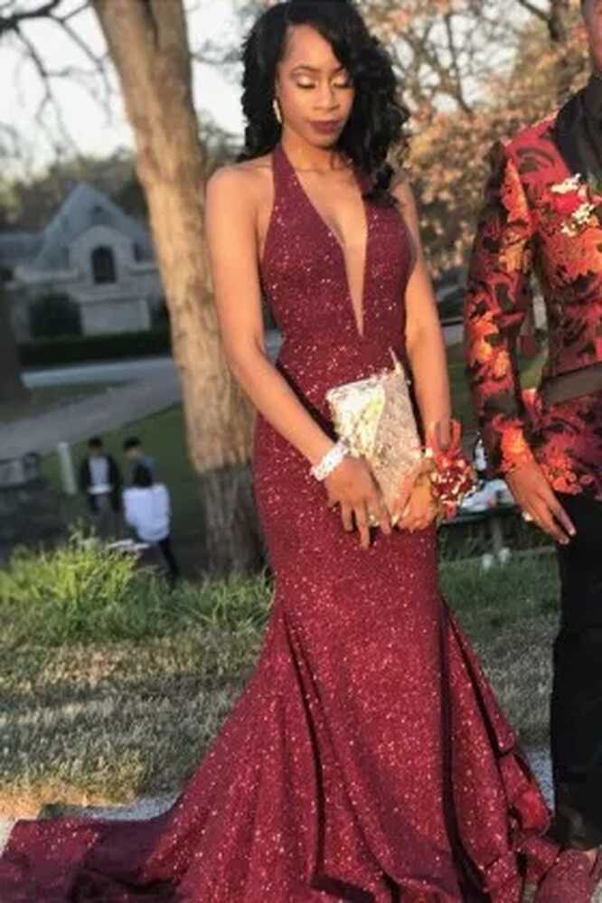 Glistening Burgundy Lurex Plunging Halter Neck Prom Gown - Promfy