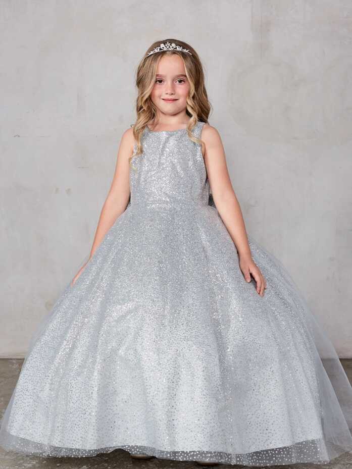 Glitter Ball Gown with Tail Silver Tip Top Kids 5804 – Sparkly Gowns