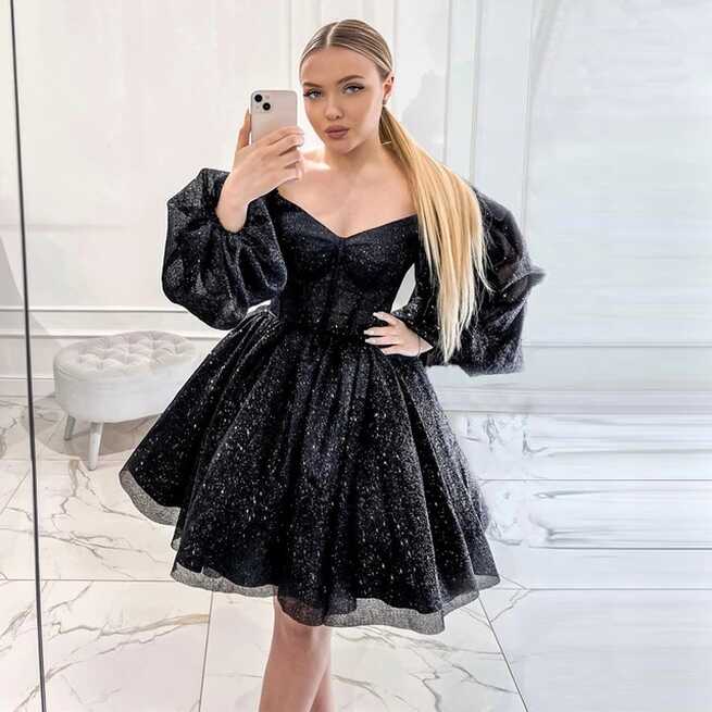 Glitter Black Short Prom Dresses Puff Long Sleeves Sweetheart 16 ...