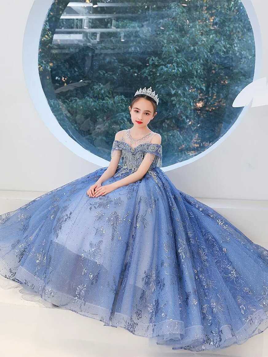 Glitter Blue Sequin Princess Flower Dress Princess Style For ...