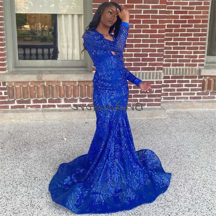 Glitter Blue Sequin Prom Dress Black Girls Sparkle V Neck Long ...