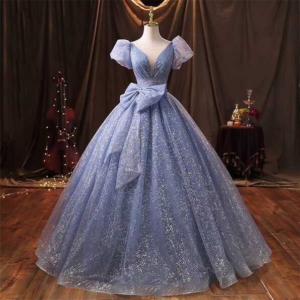 Glitter Dresses Lovely Blue Prom Dresses Puff Short Sleeves ...