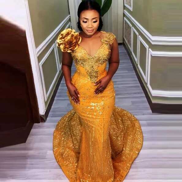 Glitter Gold Lace Aso Ebi Evening Dresses Handmade Flower Sequin ...