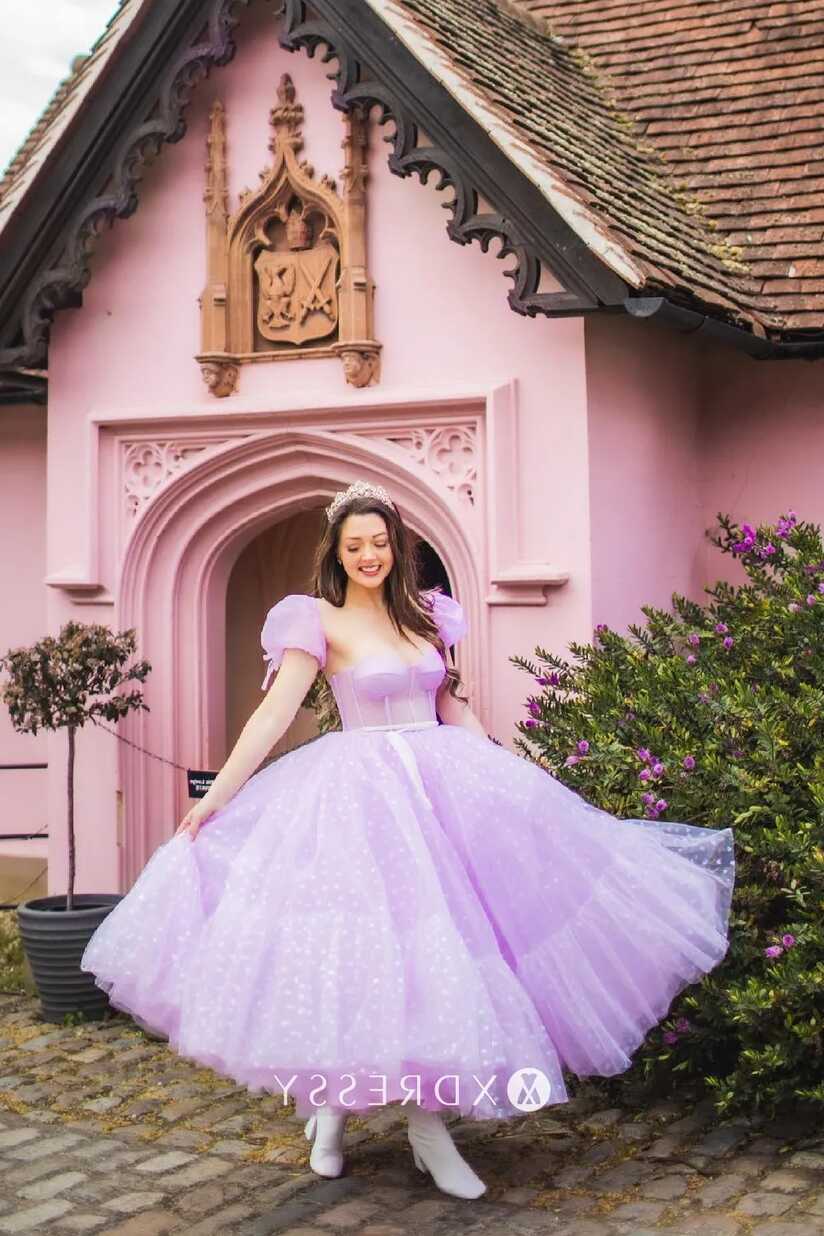 Glitter Heart Lilac Tulle Bubble Sleeve Puffy Prom Gown - Xdressy