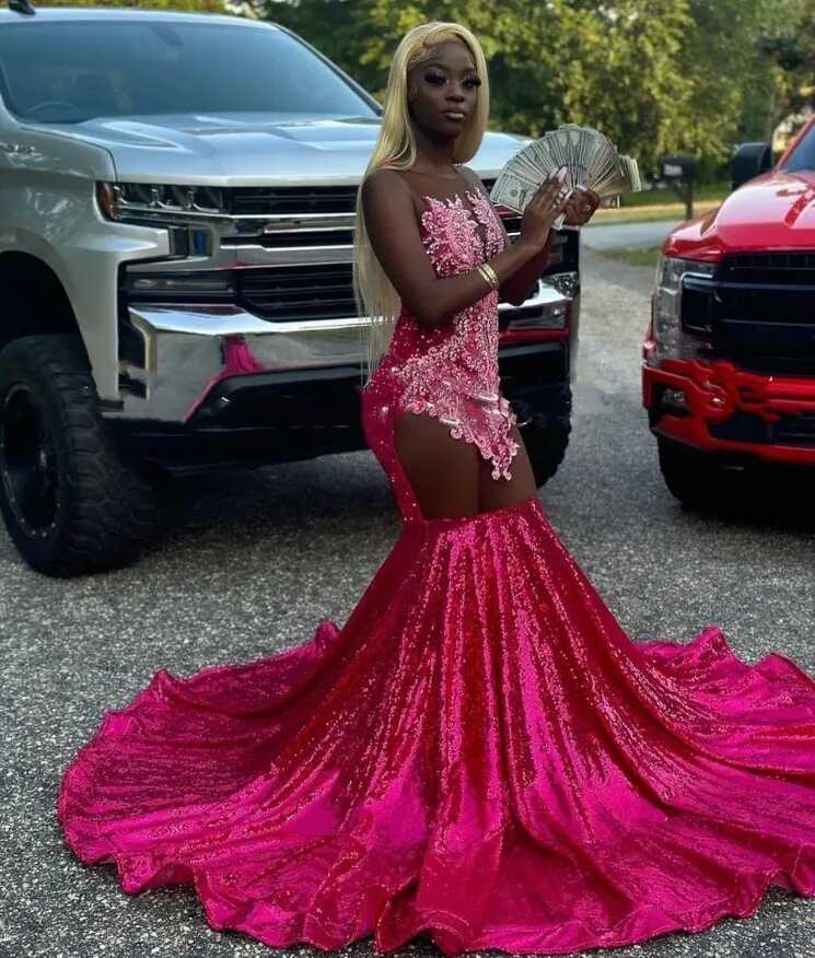 Glitter Hot Pink Sheer Neck Prom Dress For Black Girls With ...