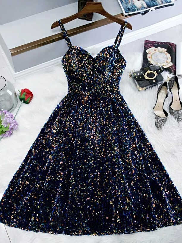 Glitter Navy Blue Sequin Short Prom Dress