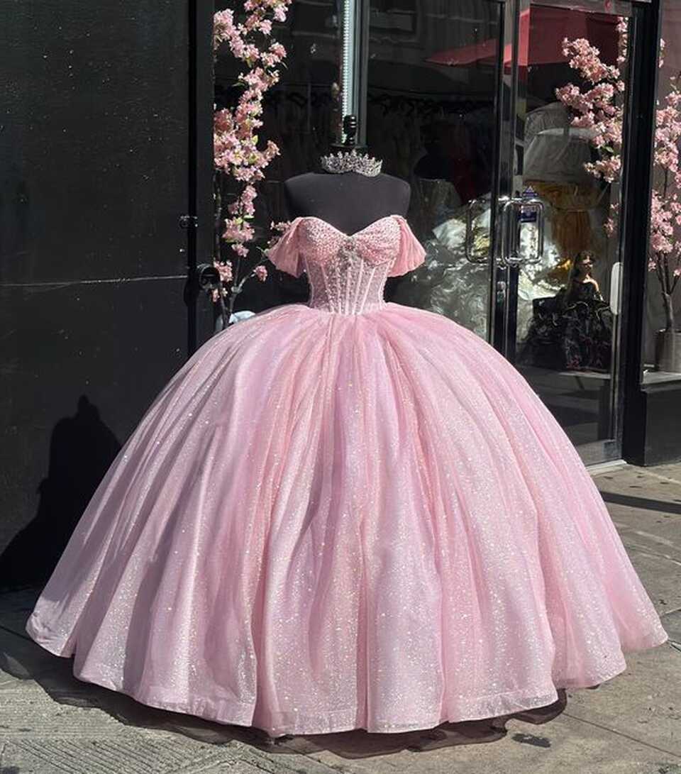 Glitter Off The Shoulder Pink Ball Gown,Pink Sweet 16 Dress,Pink ...