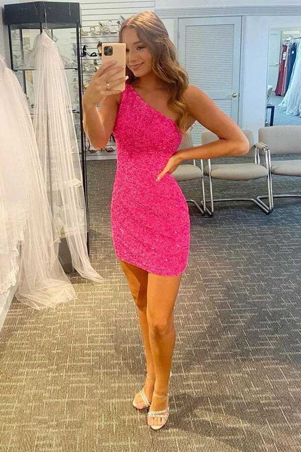 Glitter One-Shoulder Hot Pink Homecoming Dress With Sequins PD462 ...