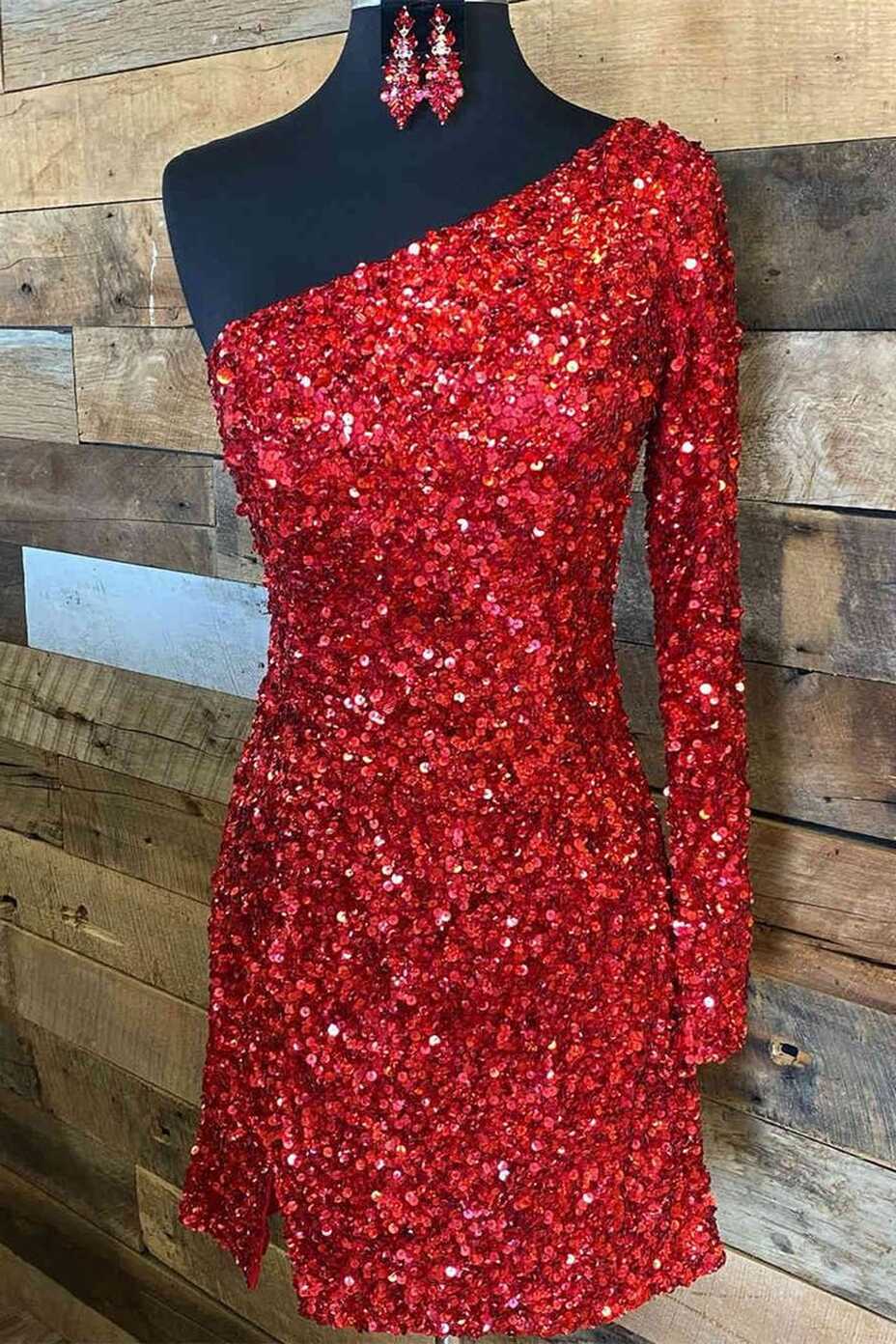 Glitter One Sleeve Red Sequined Homecoming Dress Short | Party ...