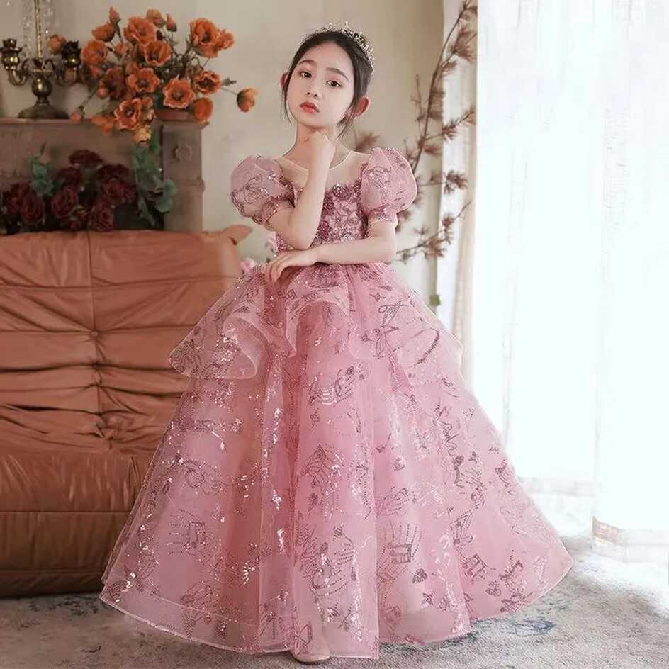 Glitter Pink Flower Sequin Baby Girl Square Puffy Dresses For ...