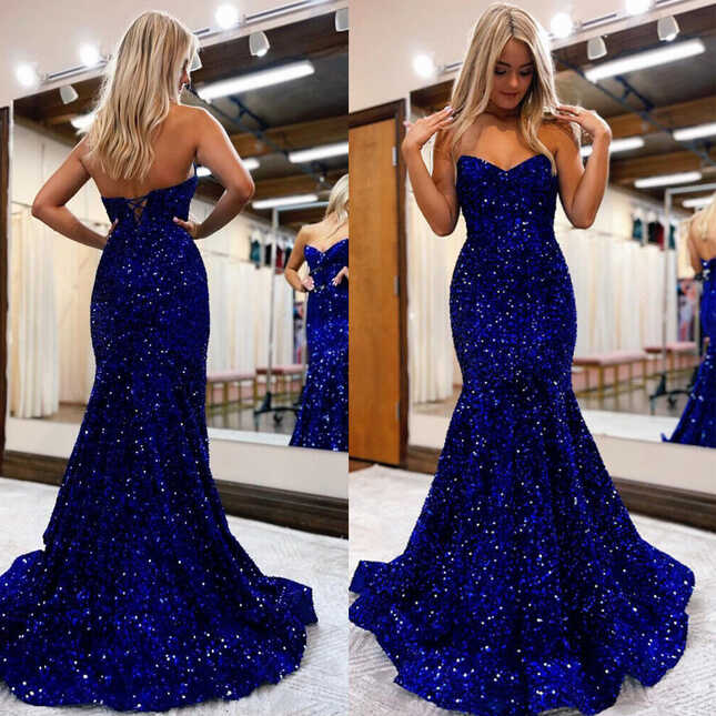 Glitter Royal Blue Prom Dresses Sequin Long Sweetheart Floor ...