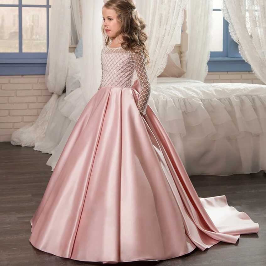 Glitter Satin Princess Flower Girl Dresses Kids Long Sleeve First ...