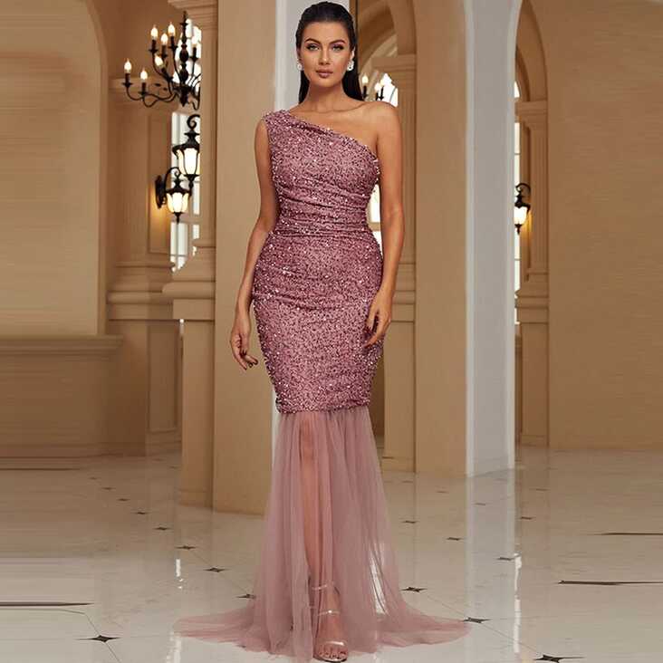 Glitter Sequin Evening Dresses One-Shoulder Sleeveless Long Party ...