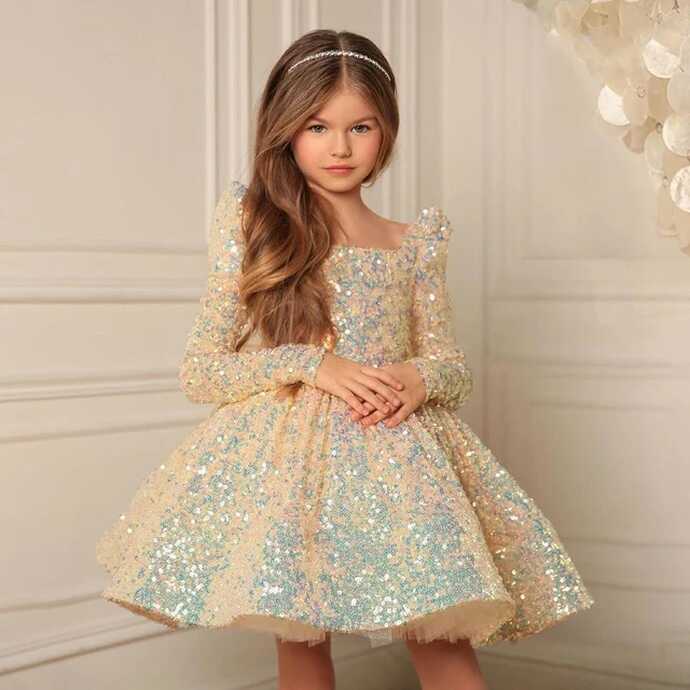 Glitter Sequin Flowers Girls Dresses Square Collar Long Sleeves ...