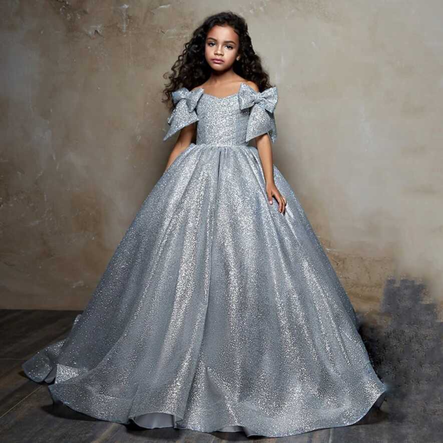 Glitter Tulle Ball Gown Kids Pageant Dresses Off-shoulder Princess ...