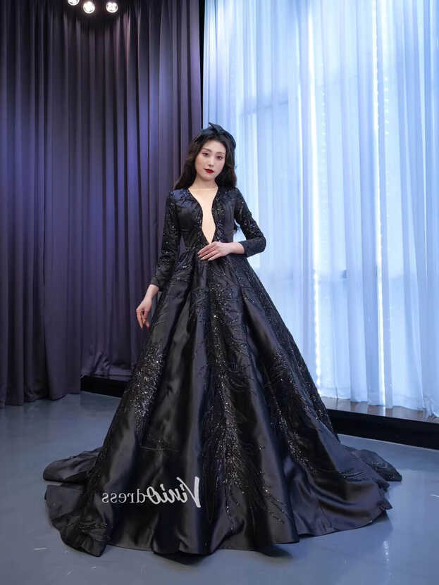 Glittery Black Wedding Dress Vintage Prom Ball Gown Long Sleeve ...