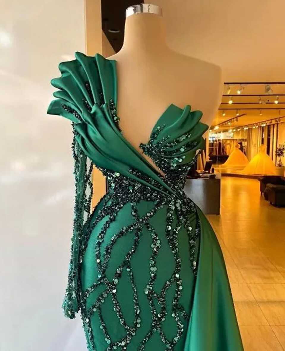 Glittery Emerald Green One Shoulder Mermaid Green Evening Dress ...