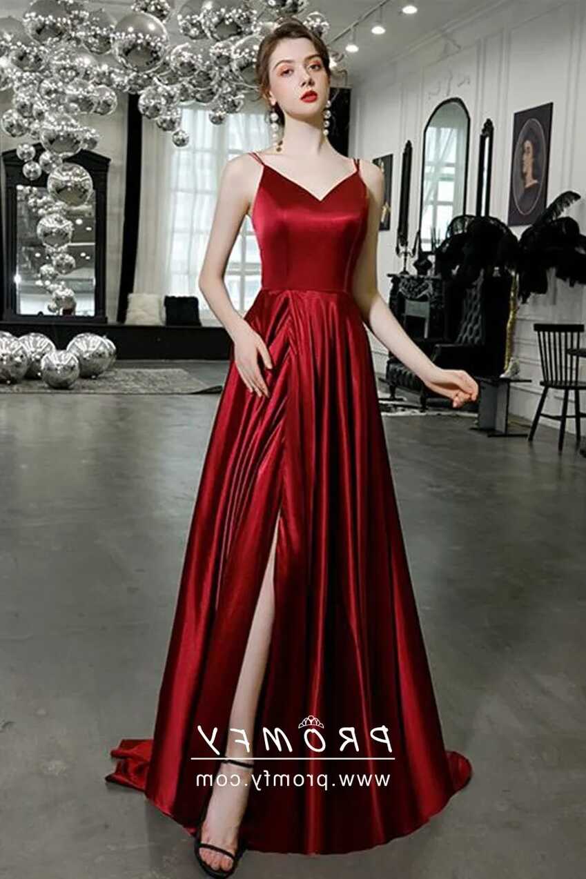 Glossy Red Satin Spaghetti Straps Slit Prom Dress - Promfy