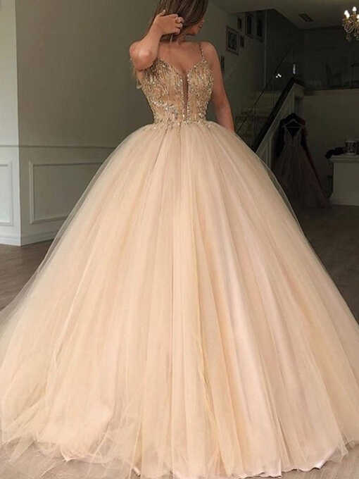 Gold Beading Tulle Ball Gown Princess Prom Dresses,PD00179 ...