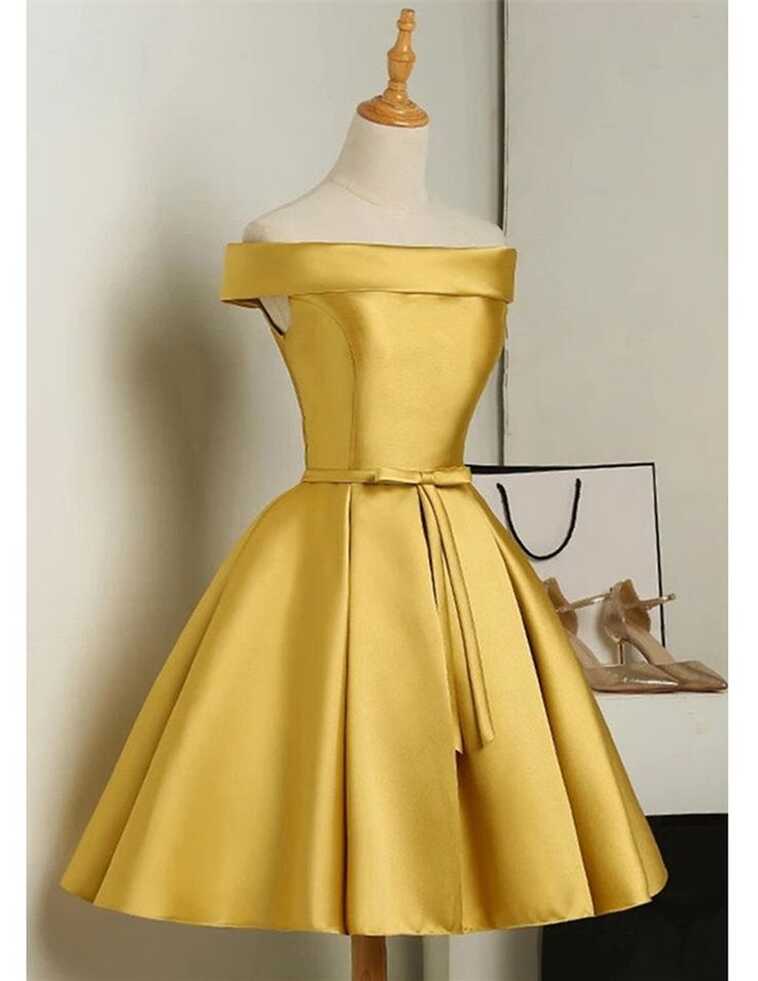 Gold Color Short Party Dresses A Line Satin Semi Formal Gown ...