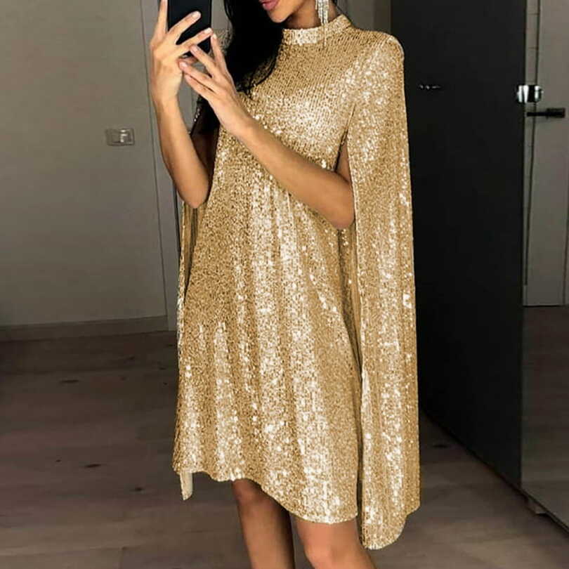 Gold Dresses for Women Solid Color Cape Long Sleeve Sequins Dress ...