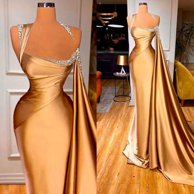 Gold Elegant Prom Dresses For Women Beaded One Shoulder Simple ...