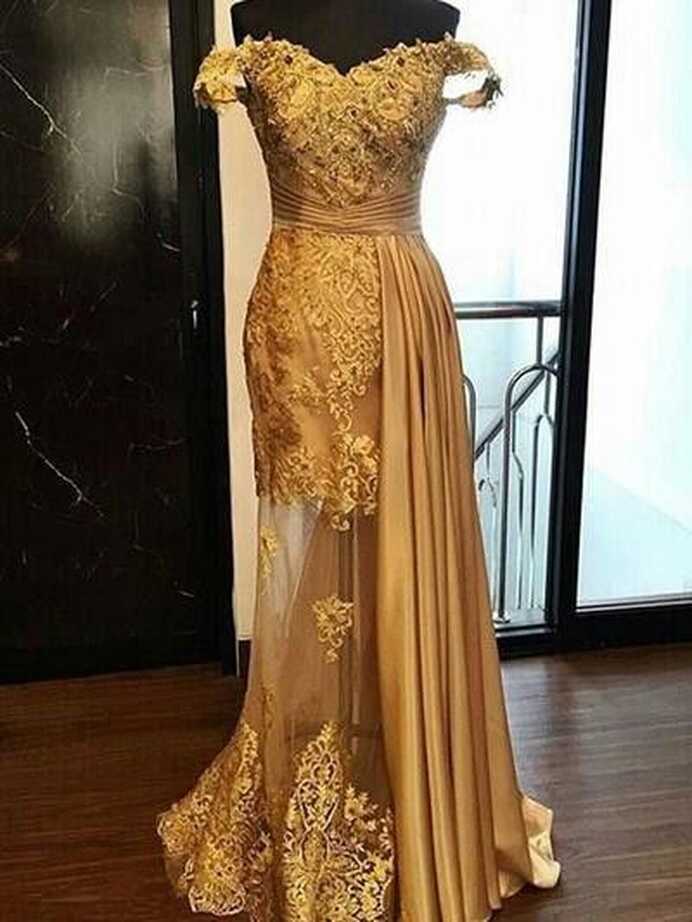 Gold Evening Dresses With Detachable Train Off-Shoulder Party ...