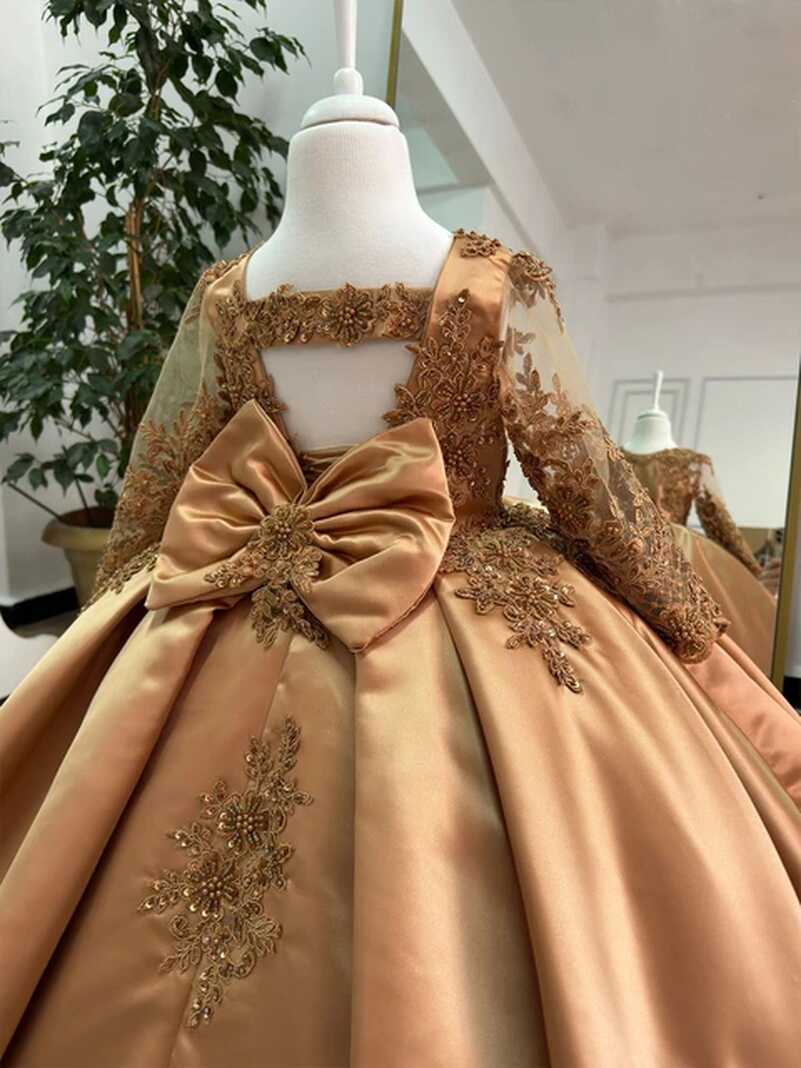 Gold Flower Girl Dress Bow Princess Dresses Lace Beaded Girl ...