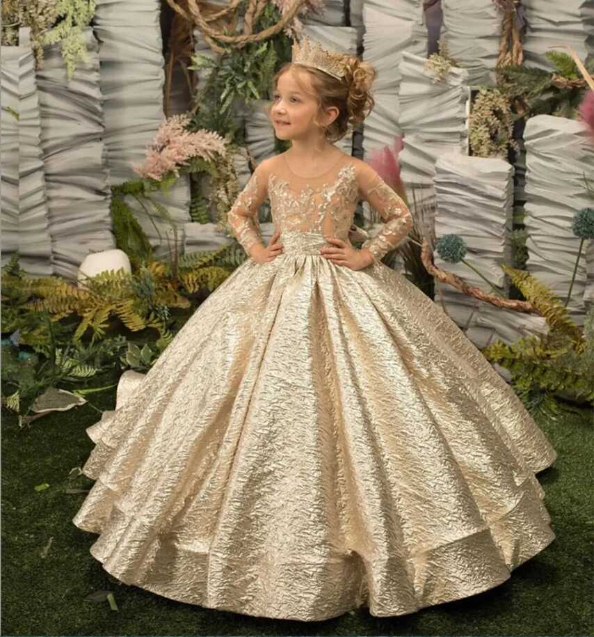 Gold Flower Girl Dress Princess Illusion Sleeve With Bow Buttons ...