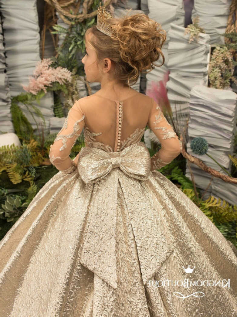 Gold Flower Girl Dresses Big Bow Appliques Full Illusion Sleeves ...