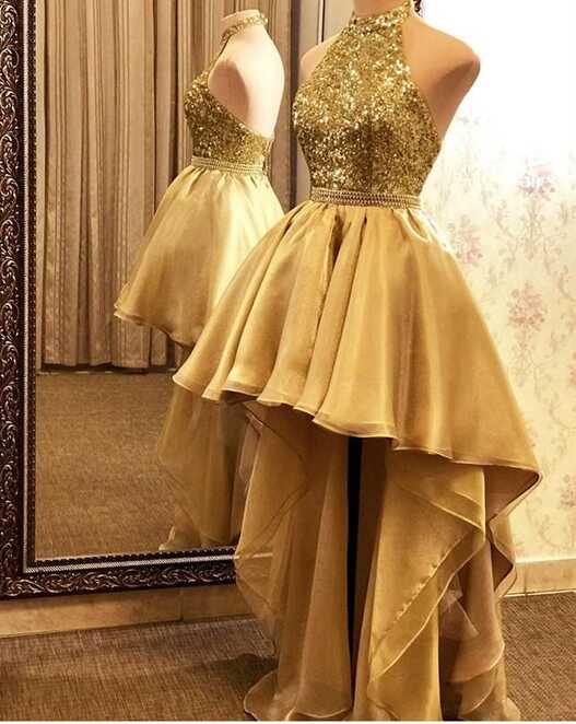 Gold High Low Sequin Organza Halter Backless Formal Evening Party ...